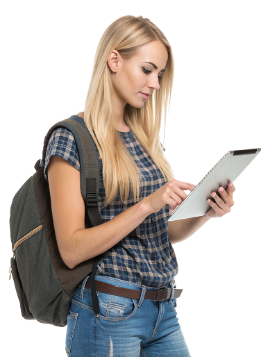 девушка в джинсах с рюкзаком и с планшеткой